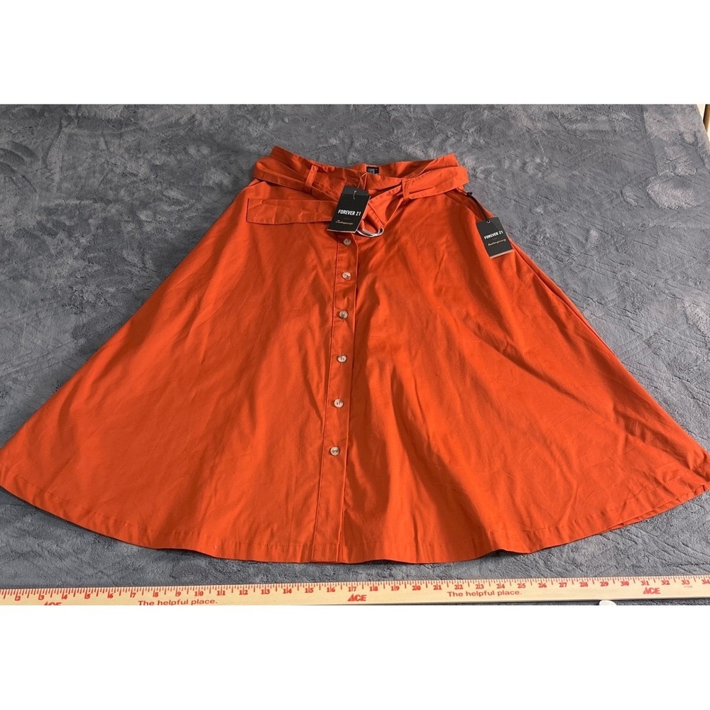 Forever 21 Contemporary Orange Button Front Midi Skirt Small D-Ring Belt NWT